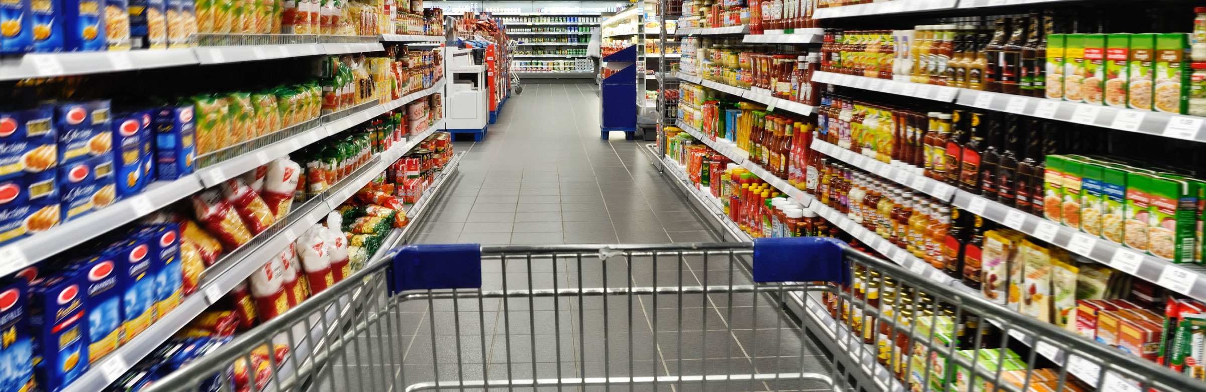 empty cart, grocery store aisle